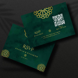 Cartão De Informações Código QR ornamentado dourado esmeralda verde Resp