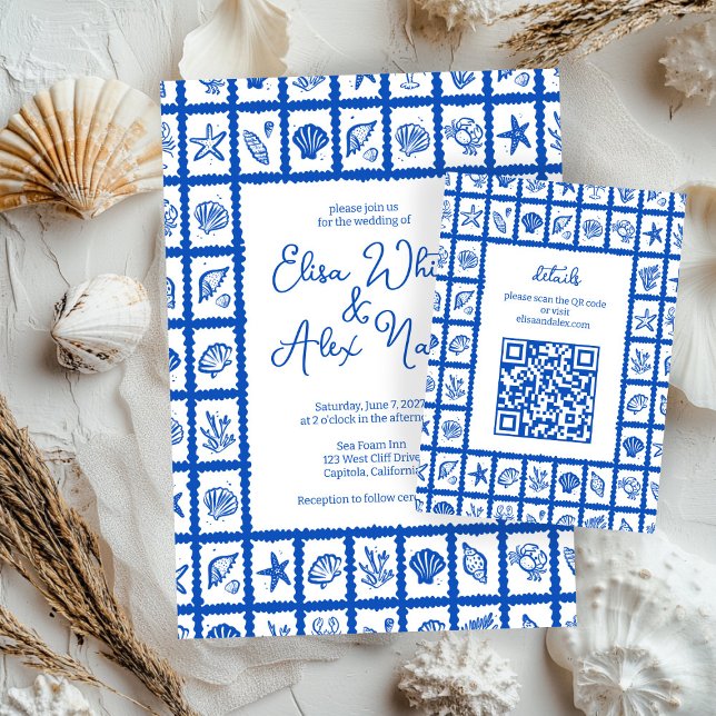 Cartão De Informações Código QR Personalizado para Casamento na Praia co (Seashell Grid Beach Wedding CUSTOM QR Code Enclosure Card
)