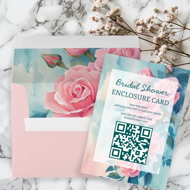 Cartão De Informações Código QR Personalizado para Chá de Noiva com Pint (Pink Roses Painting Bridal Shower CUSTOM QR Code Enclosure Card
)