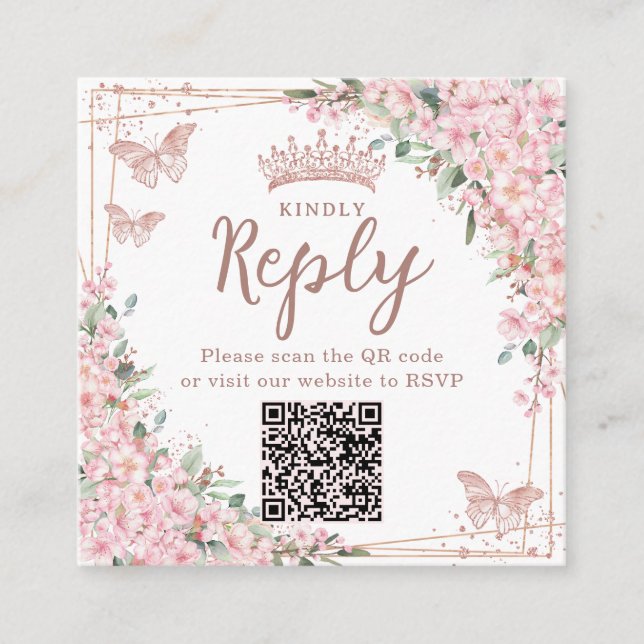 Cartão De Informações Código QR Quinceanera Dourado Rosa Flor de Cerejei (Frente)