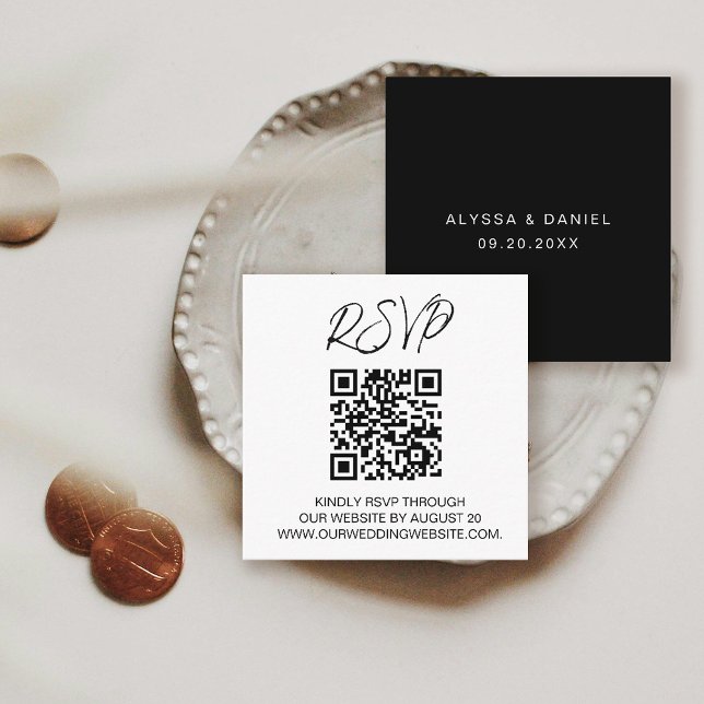 Cartão De Informações CÓDIGO QR Resposta para casamento site de casament (Simple, black and white, wedding RSVP QR code to website enclosure card.)