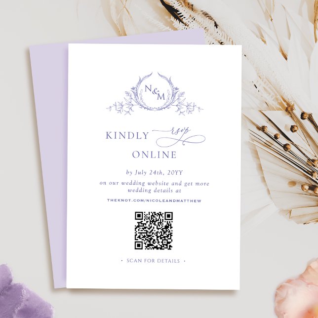 Cartão De Informações Código QR roxo Elegante monograma / RSVP on-line (Criador carregado)
