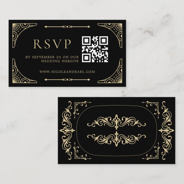 Cartão De Informações Código Qr RSVP Black Elegant Deco Dourado Casament (Frente/Verso)