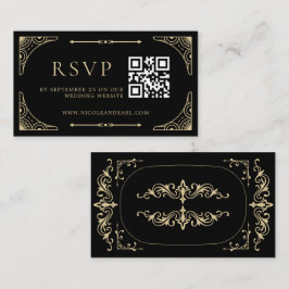 Cartão De Informações Código Qr RSVP Black Elegant Deco Dourado Casament
