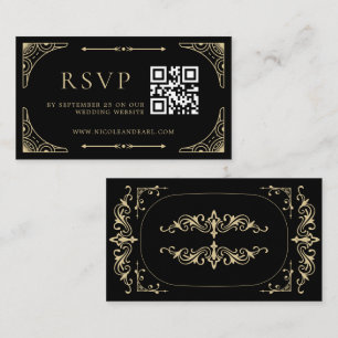 Cartão De Informações Código Qr RSVP Black Elegant Deco Dourado Casament