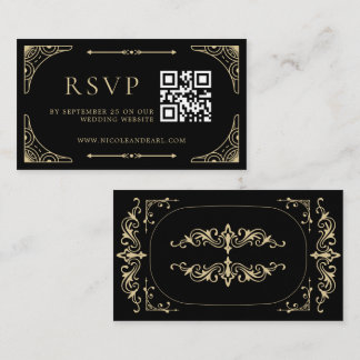 Cartão De Informações Código Qr RSVP Black Elegant Deco Dourado Casament