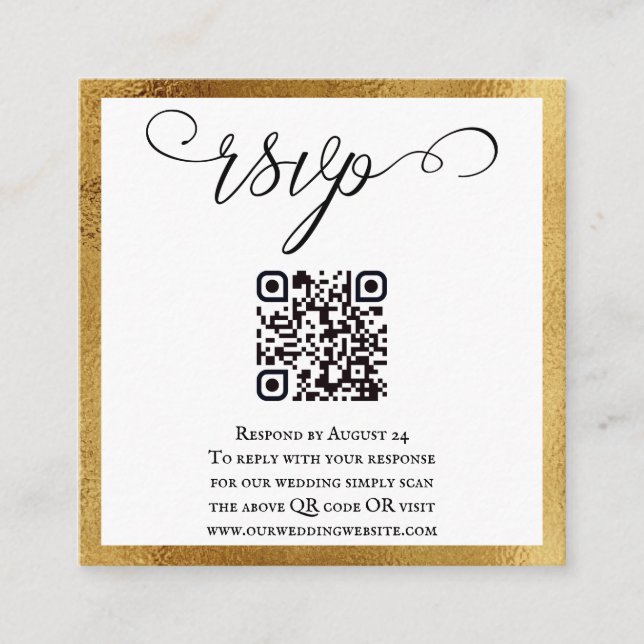 Cartão De Informações Código QR RSVP Casamento Preto Branco Dourado Eleg (Frente)