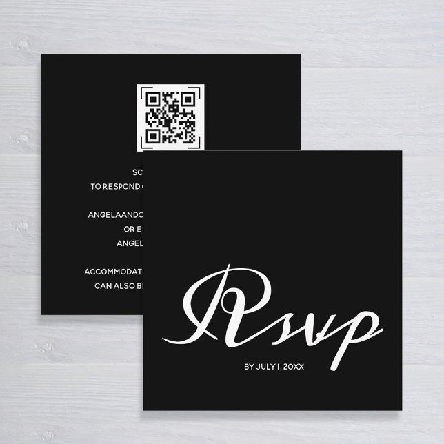 Cartão De Informações Código QR RSVP de Casamento Branco Preto Simples (Criador carregado)