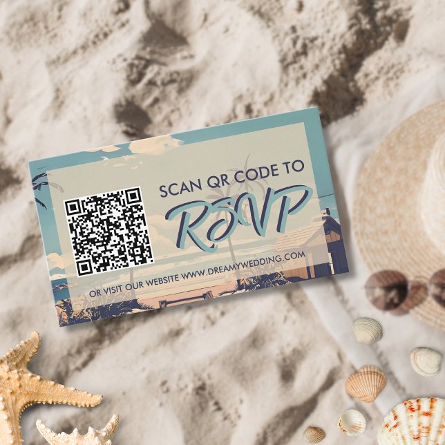 Cartão De Informações Código QR RSVP de Casamento de Praia Tropical (Criador carregado)
