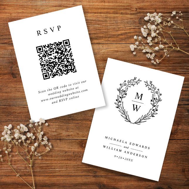 Cartão De Informações Código QR RSVP de Casamento de Terra Botânica Mono (Criador carregado)
