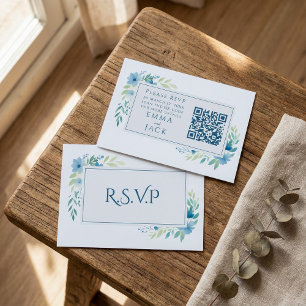 Cartão De Informações Código QR RSVP de Casamento Floral Azul Elegante