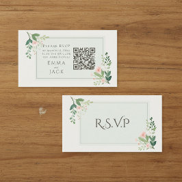 Cartão De Informações Código QR RSVP de Casamento Floral Verde Rosa