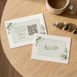 Cartão De Informações Código QR RSVP de Casamento Floral verde-rosa boni