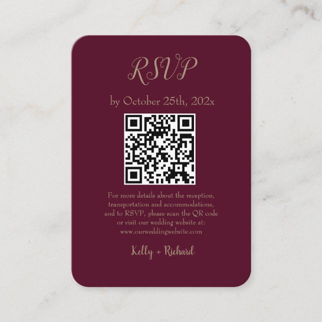 Cartão De Informações Código QR RSVP de Casamento Vertical Pequeno Burgu (Frente)