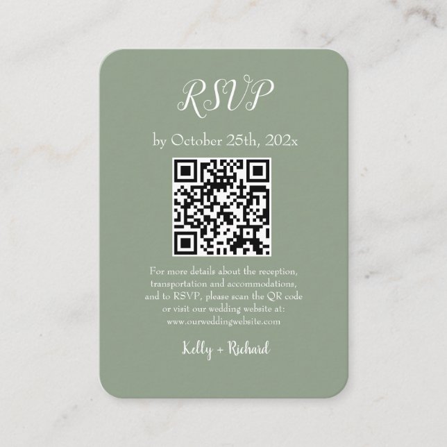 Cartão De Informações Código QR RSVP de Casamento Vertical Pequeno Verde (Frente)