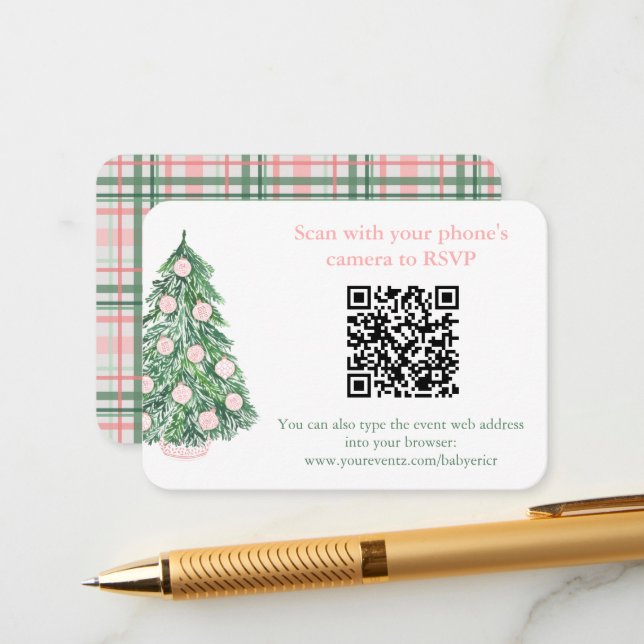 Cartão De Informações Código QR - RSVP de Natal Verde Rosa ou Registro (Frente/Verso In Situ)