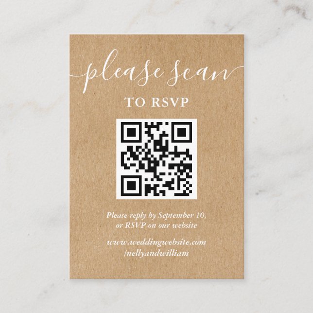 Cartão De Informações Código QR RSVP de Script Rustic Kraft (Frente)