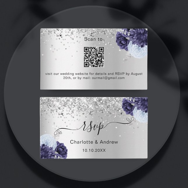 Cartão De Informações Código QR RSVP do site de casamento azul do marinh (Criador carregado)
