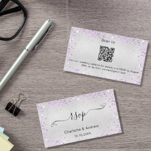 Cartão De Informações Código QR RSVP do site de casamento da Silver roxo