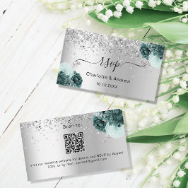 Cartão De Informações Código QR RSVP do site de casamento verde da Silve