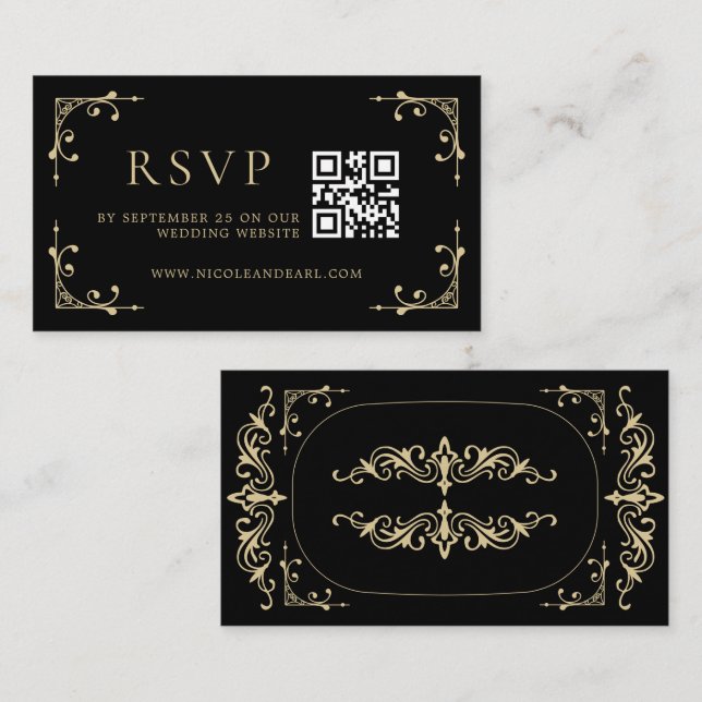 Cartão De Informações Código Qr RSVP Elegante Deco Dourado Casamento Ret (Frente/Verso)