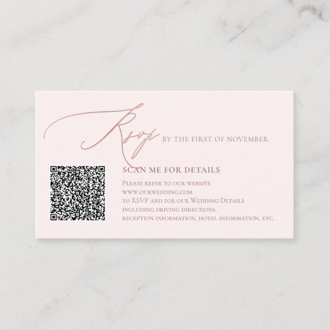 Cartão De Informações Código QR RSVP Faux Rose Gold Caligrafia ArtsApp (Frente)
