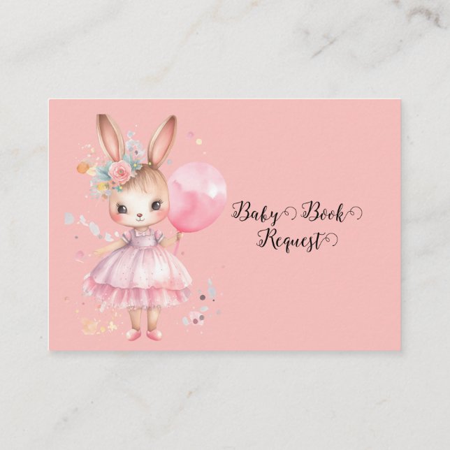 Cartão De Informações Coelho rosa-claro com livro-bebê de balão (Verso)