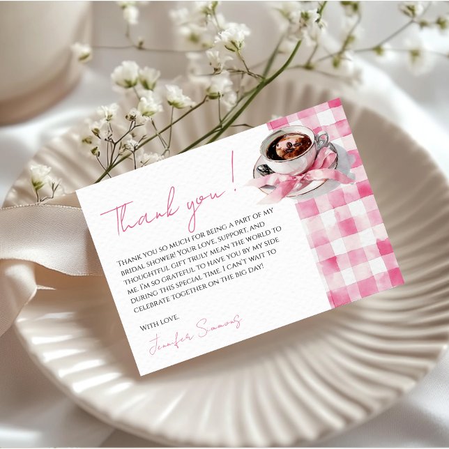 Cartão De Informações Coffee Pink Bow Bridal Shower Thank You Card (Criador carregado)
