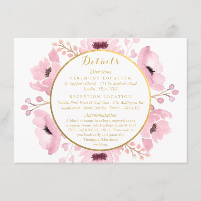 Cartão De Informações Coleção de Casamento Floral Aquarela Pinks Primave (Frente)