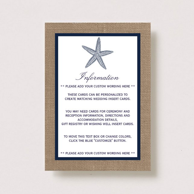 Cartão De Informações Coleção de Casamentos de Praia de Starfish Burlap, (Criador carregado)