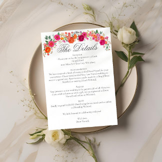Cartão De Informações Colorful Bold Pink & Orange Floral Garden Wedding