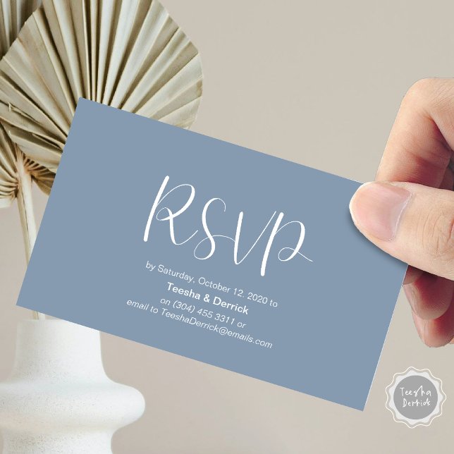 Cartão De Informações Confirmação de Casamento, responder, Script Minima (Wedding RSVP, respond, Minimalist Script Enclosure Card, in dusty blue themed)
