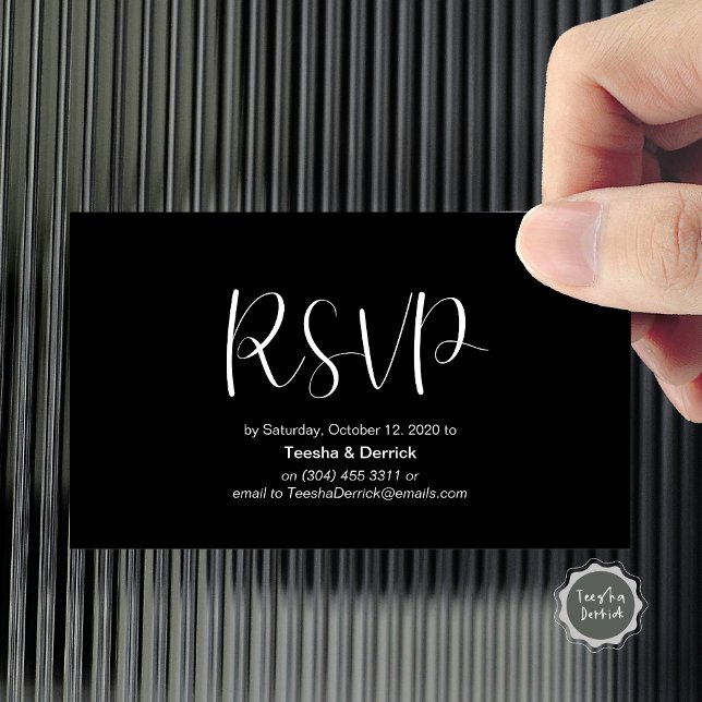 Cartão De Informações Confirmação de Casamento, responder, Script Minima (Wedding RSVP, respond, Minimalist Script Enclosure Card, in classy black themed)