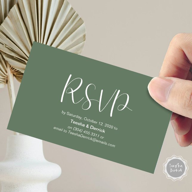 Cartão De Informações Confirmação de Casamento, responder, Script Minima (Wedding RSVP, respond, Minimalist Script Enclosure Card, in Forest Sage Green themed)