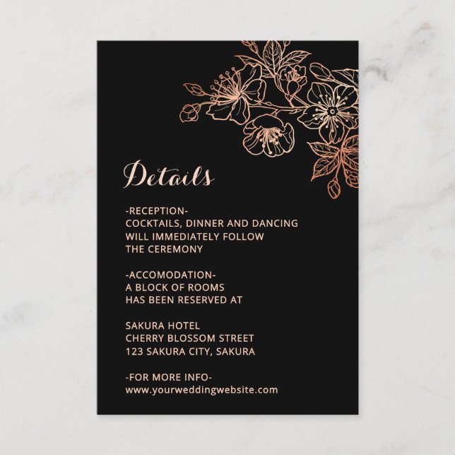 Cartão De Informações Copper Black Floral Line Art Wedding (Frente)