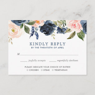Cartão De Informações Cor-de-água floral rosa e azul-marinho RSVP