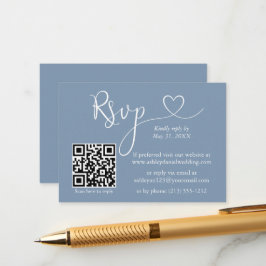 Cartão De Informações Coração de Caligrafia Casamento QR RSVP Azul Poeir