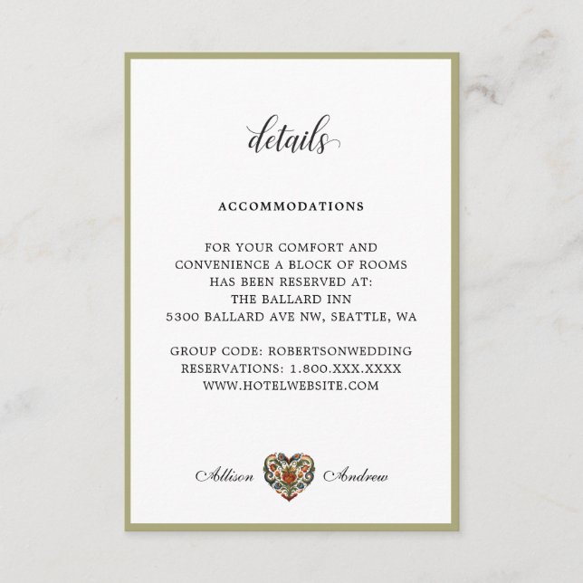 Cartão De Informações Coração Rosemaling Norueguês | Gabinete de Detalhe (Frente)