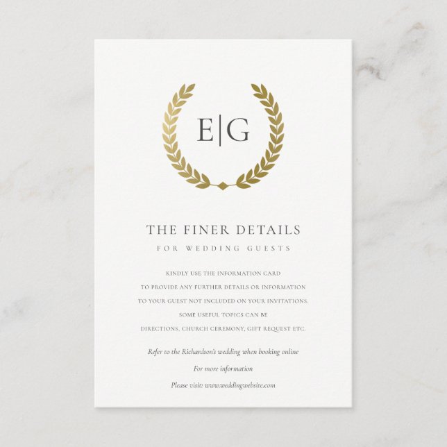 CARTÃO DE INFORMAÇÕES COROA DE LORO FLORAL OURO ELEGANT DETALHE CASAMENT (Frente)