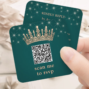 Cartão De Informações Coroa de Ouro Rosa Scane Me Quinceañera QR RSVP Ve
