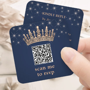 Cartão De Informações Coroa de Rosa Dourado Código QR RSVP Azul Marinho