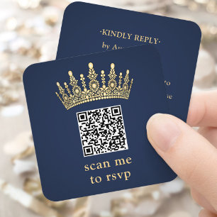 Cartão De Informações Coroa Dourada Azul Marinho Quinceañera Digitalize