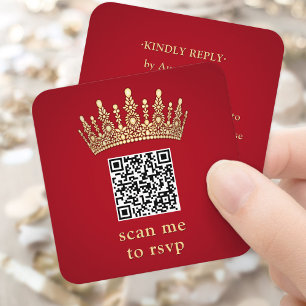 Cartão De Informações Coroa Dourada Elegante Vermelho Quinceañera Scan M