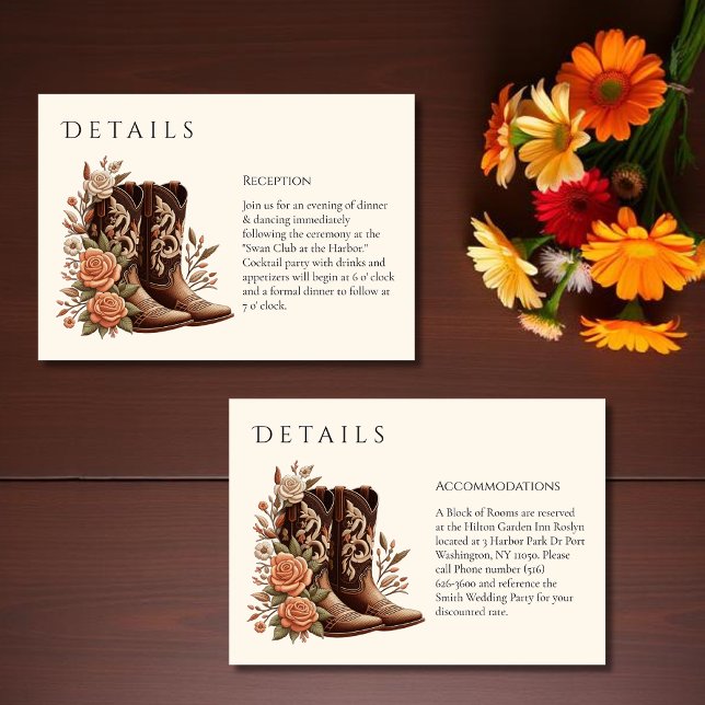 Cartão De Informações Country Western Flowers com Boots de Cowboy (Country Western Flowers with Cowboy Boots-Wedding Enclosure Card-Details)