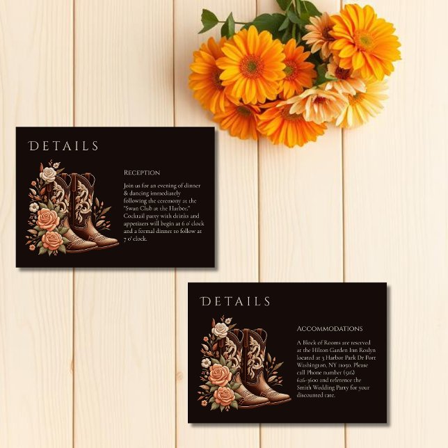 Cartão De Informações Country Western Flowers com Boots de Cowboy (Country Western Flowers with Cowboy Boots-Wedding Enclosure Card-Details)