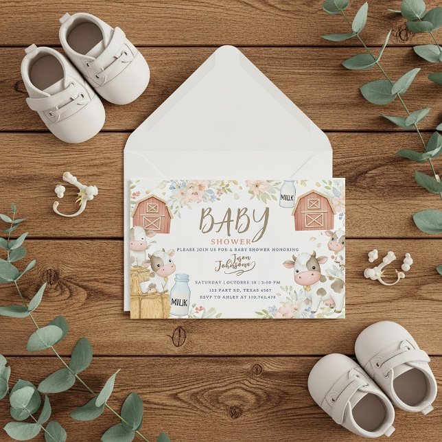 Cartão De Informações Cow Print Baby Shower Invitation,Rustic Farm Style (Criador carregado)