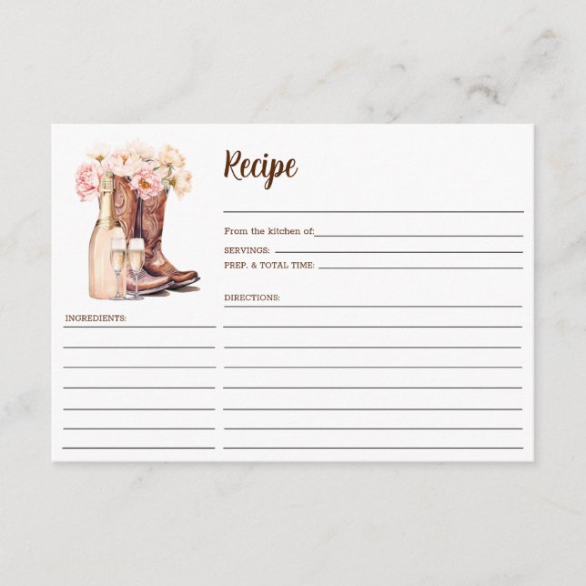 Cartão De Informações CowGirl Boots Country Peonies Chá de panela RECIPE (Frente)