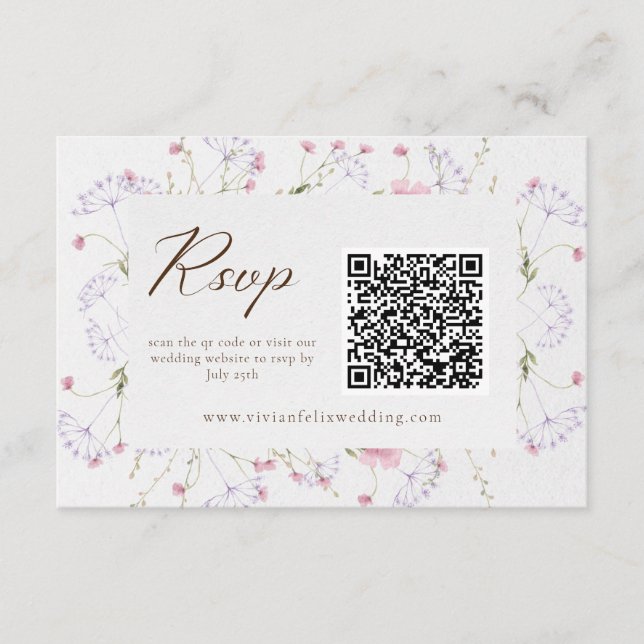 Cartão De Informações Creme Wildflower QR Code RSVP Card Elegante (Frente)