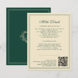 Cartão De Informações Crest monograma vintage QR casório verde esmeralda