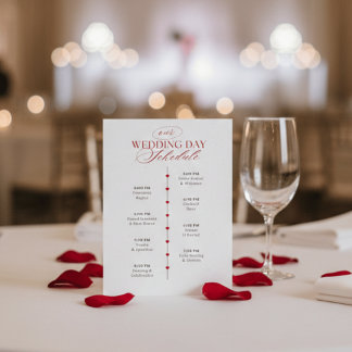 Cartão De Informações Cronograma do Dia do Casamento Corações Vermelhos
